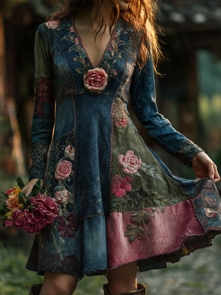 Women's Vintage Bohemian Floral Patchwork Long-sleeved Dress