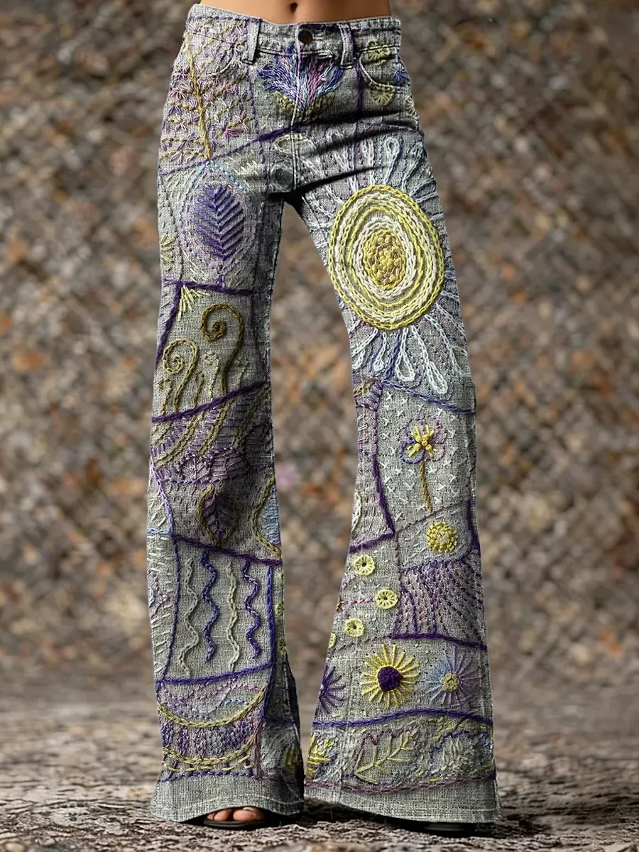 Vintage Floral Patchwork Art Print Casual Washed Cotton Pants