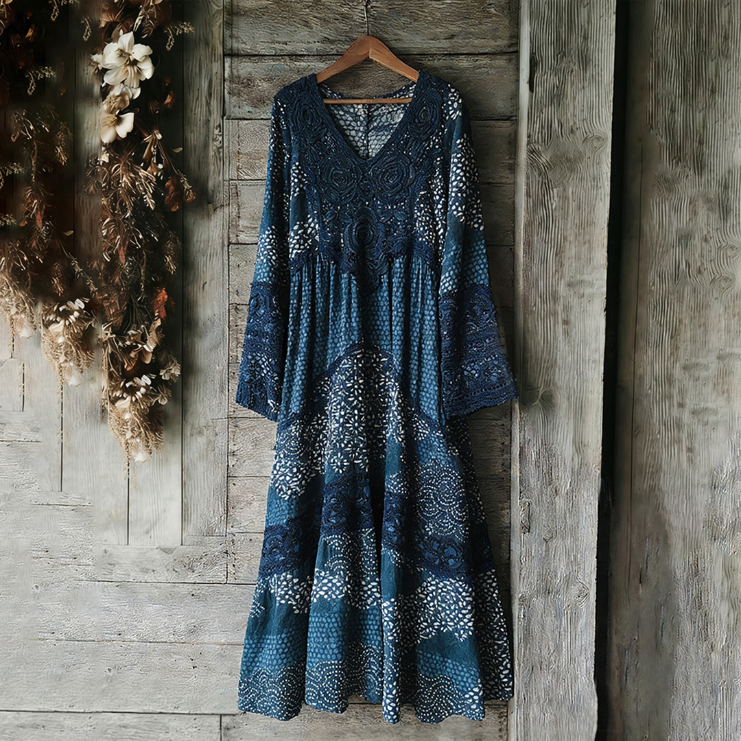Vintage Japanese Traditional Sashiko With Lace Art Pattern Linen Blend Maxi Dress