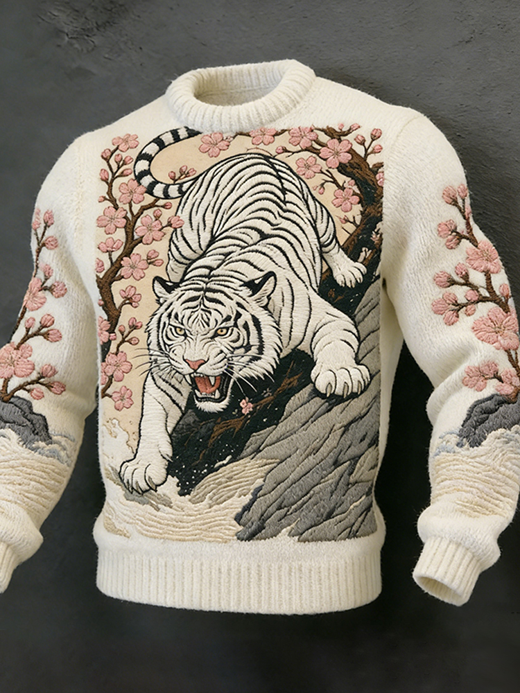 White Tiger Descending The Mountain Plus Thickened Round Neck Sweater