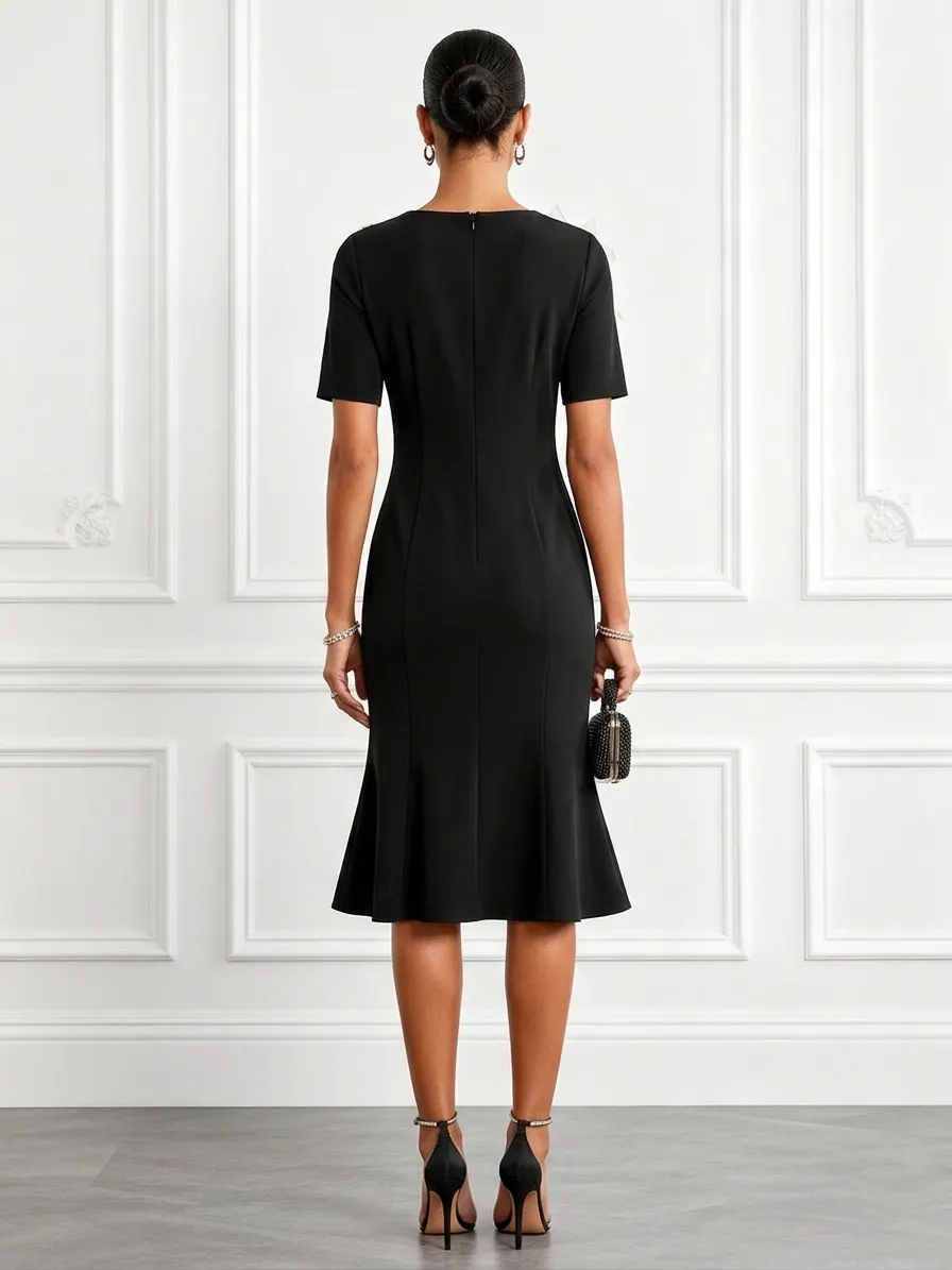 Black 3D Floral Lace Classic Crew Neck Short-Sleeve Mermaid Midi Dress