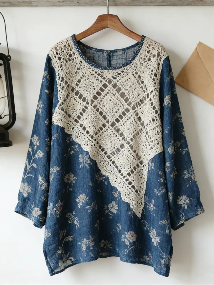 Vintage Lace Patchwork Floral Linen Women's Long Sleeve Shirt