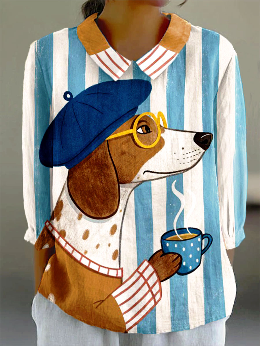 Vintage Exquisite Dog Stripes Art Print Casual Cotton & Linen 3/4 Sleeve Shirt