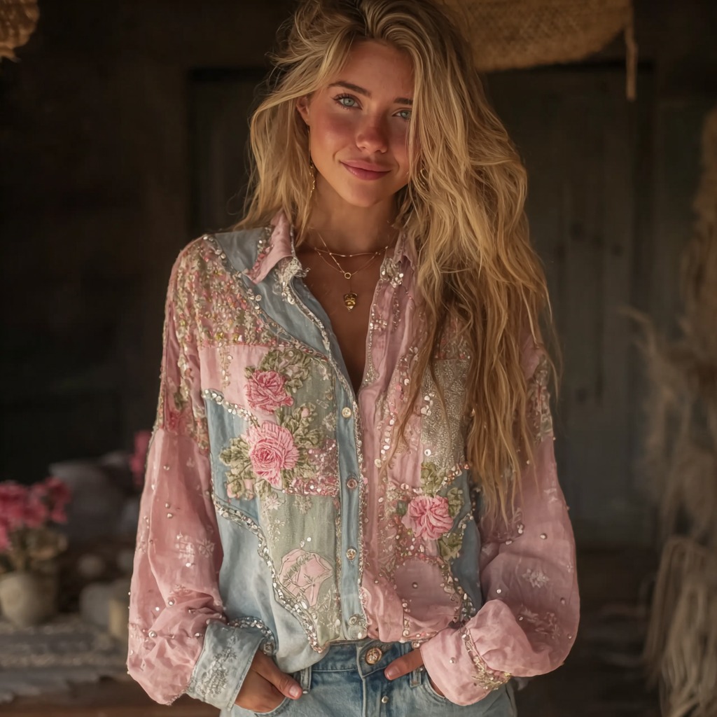 Women's Pink Rose Embroidered Denim Patchwork Shirt