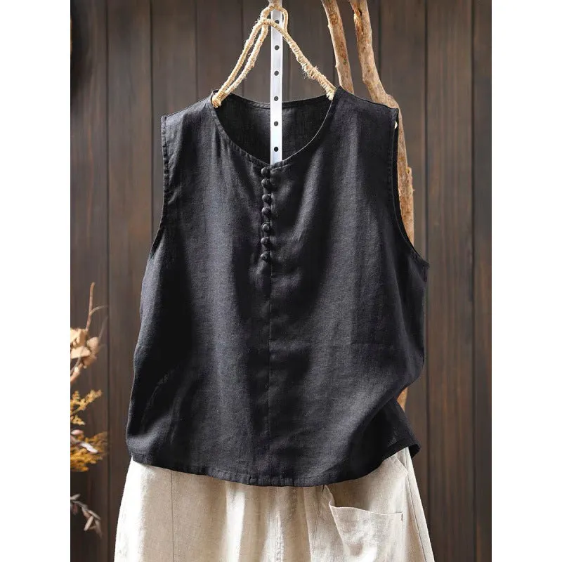 Sleeveless Casual Cotton & Linen Shirt