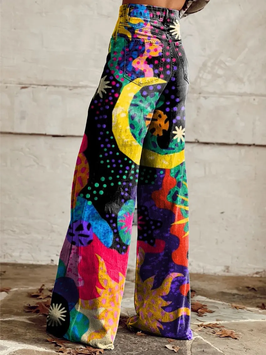 Vintage Print Casual Wide-Leg Pants