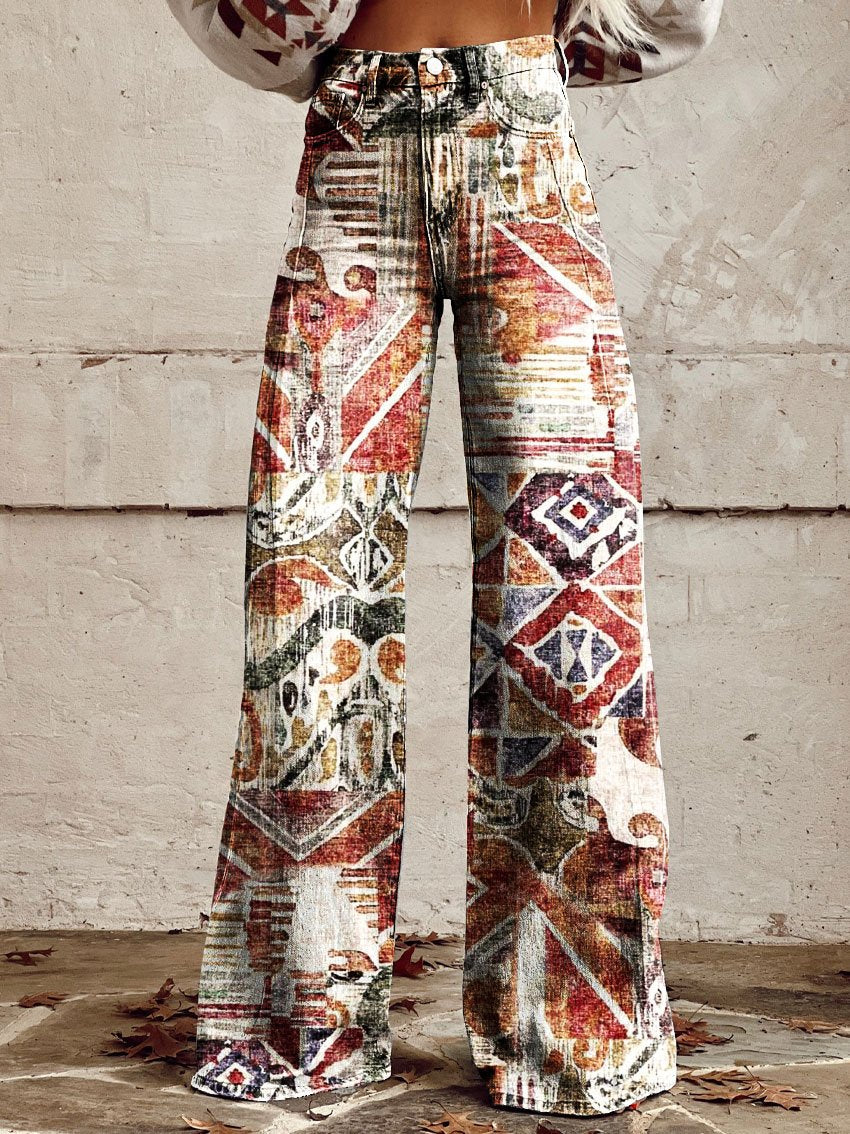 Vintage Print Casual Wide-Leg Pants