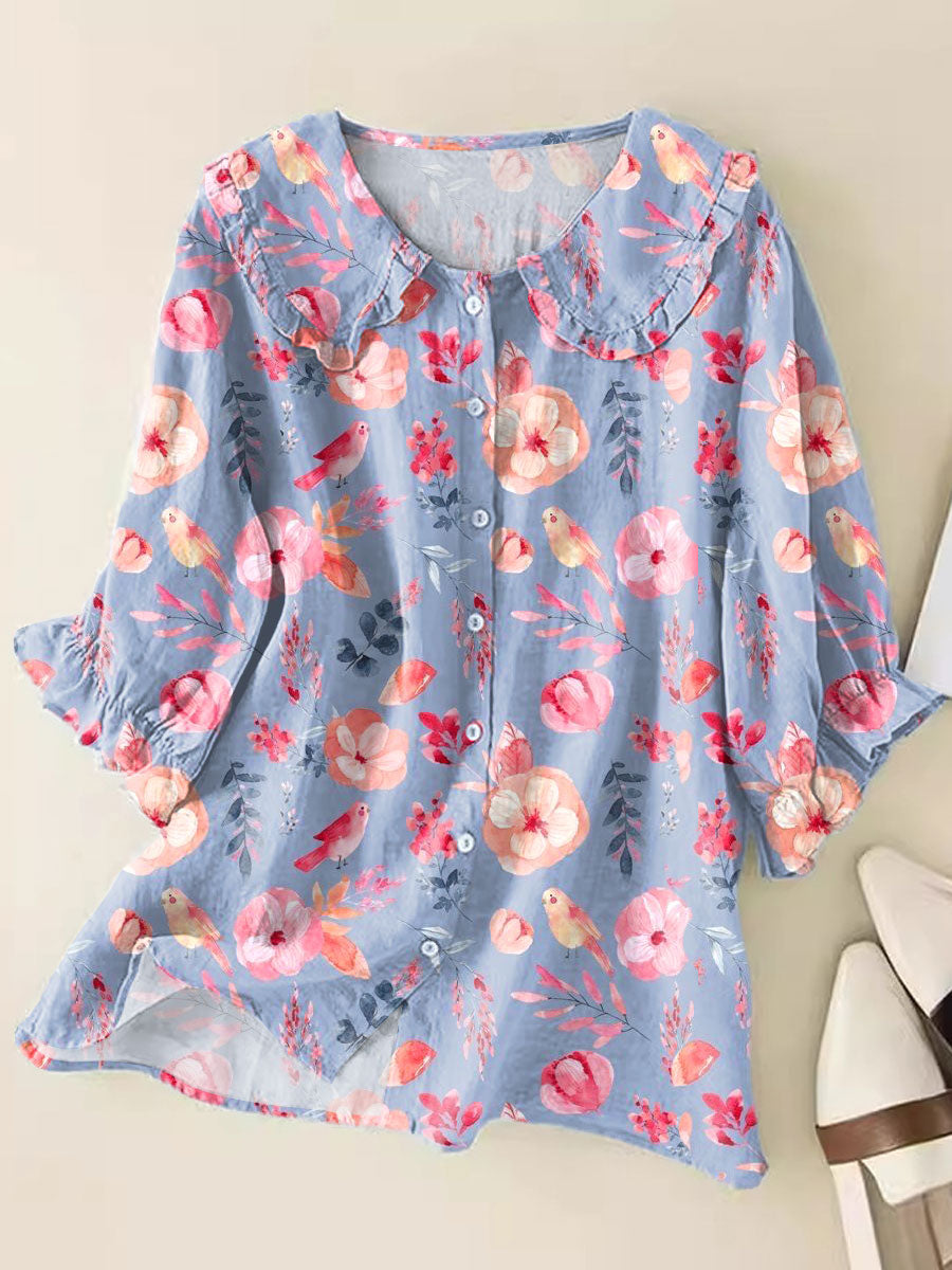 Fresh Floral Art Print Loose Top Peter Pan Collar Half Sleeve Blouses