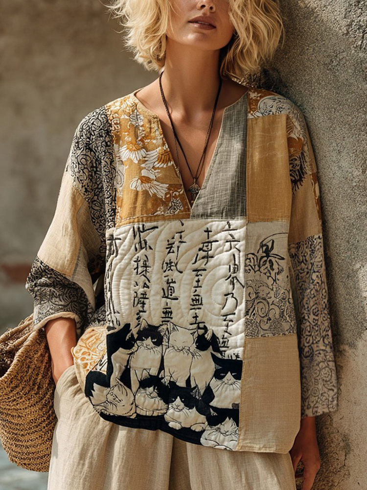Retro Cat With Japanese Patchwork Art Print Comfy Top