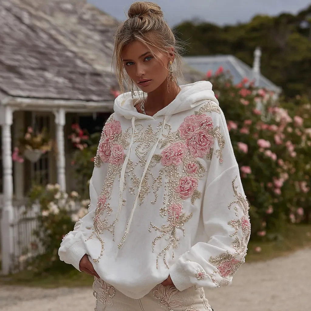 Women's Vintage Rose Pearl Embroidery Comfortable Warm Hoodie
