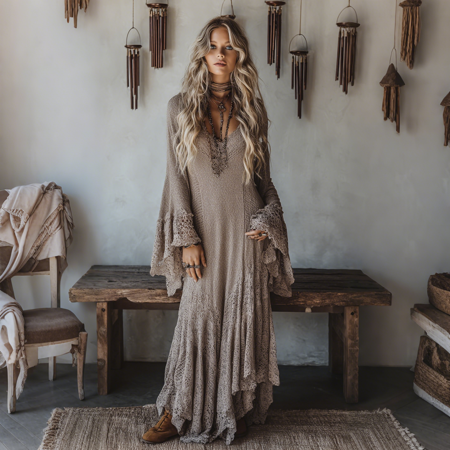 Elegant V-neck Sheer High-waisted Hollowed-out Woven Patchwork Lace Flared Long-sleeved Super Loose Dress
