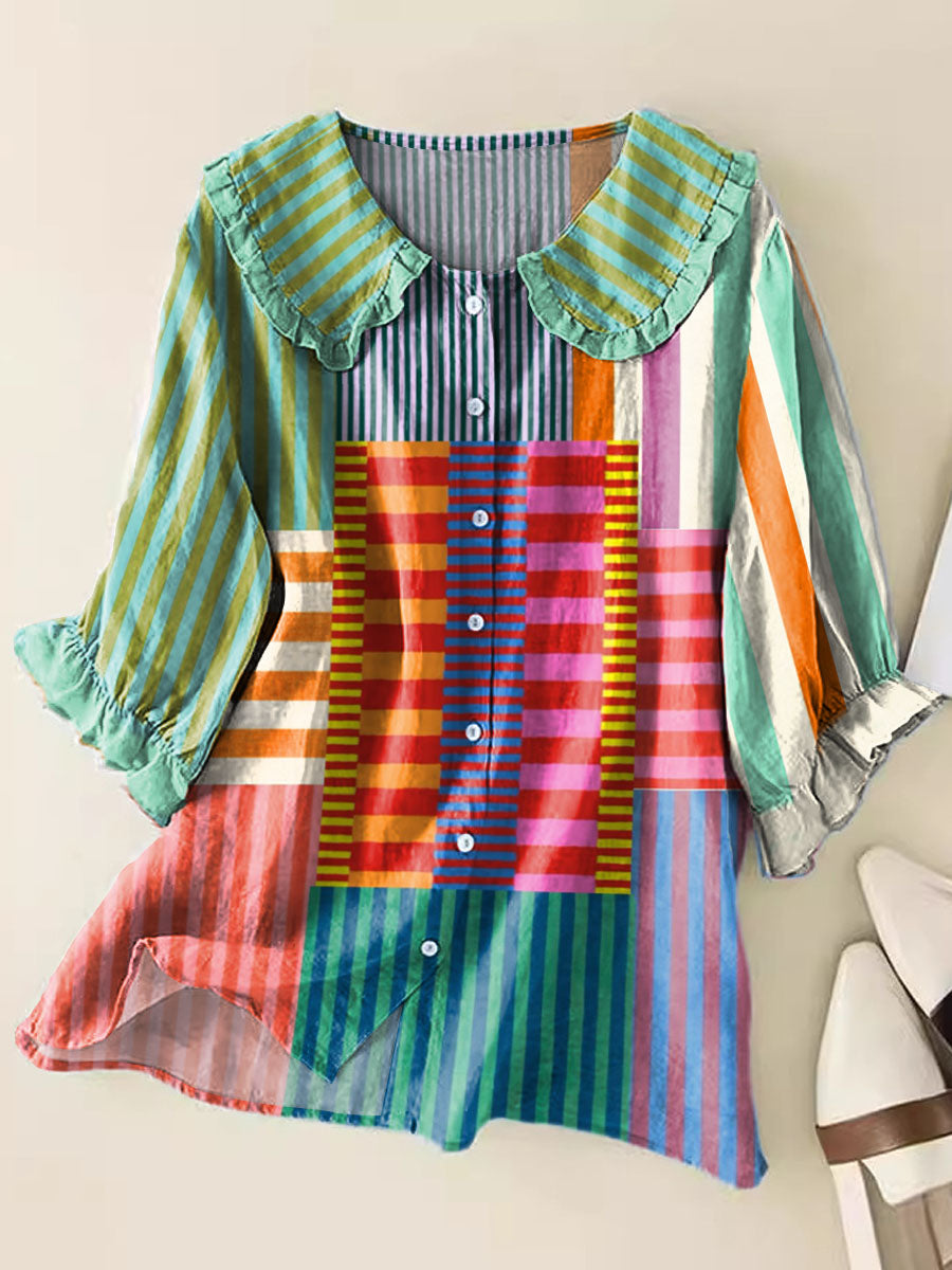 Geometric Pattern Art Print Casual Peter Pan Collar Cotton Shirt