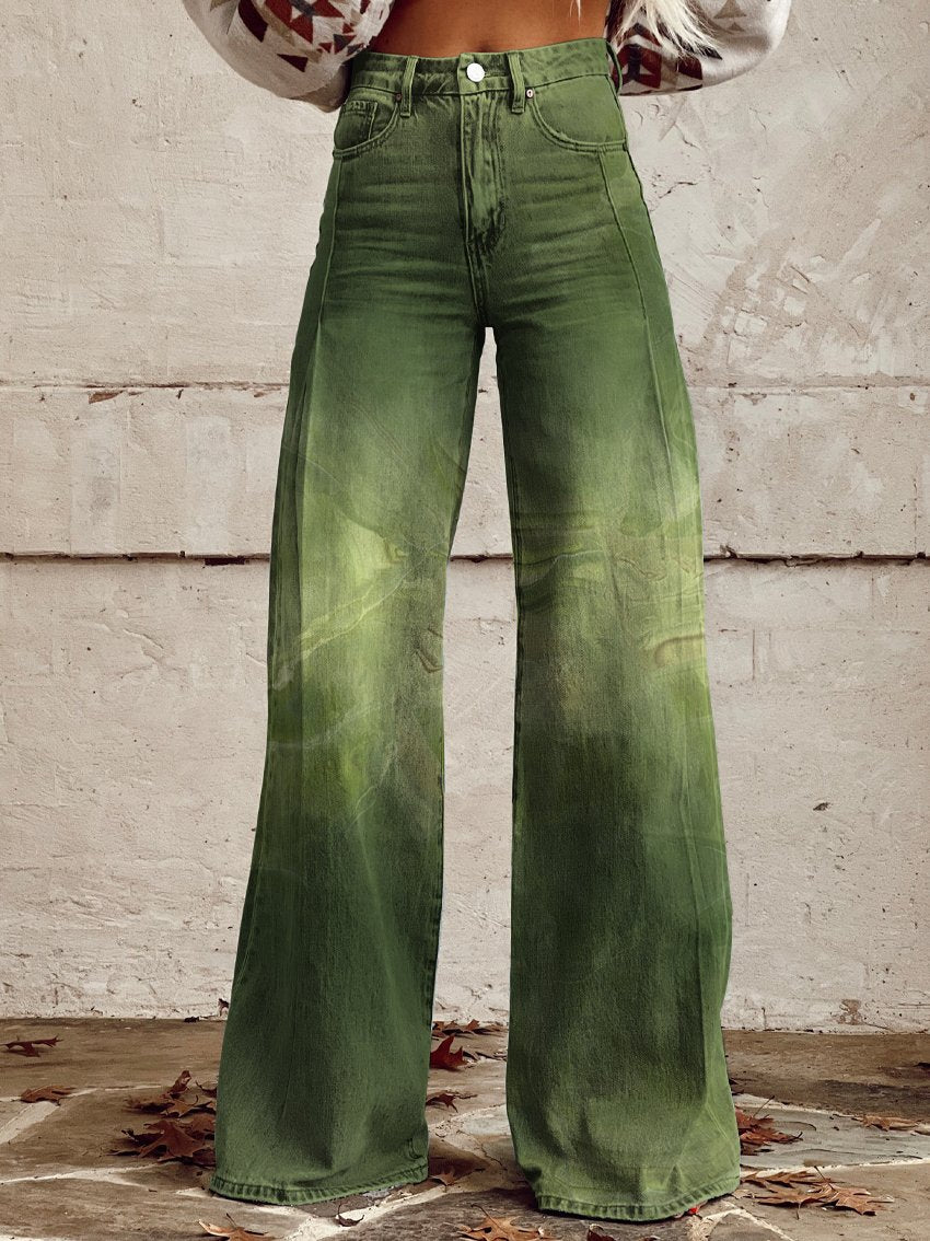 Retro Green Gradient Old Texture Print Casual Wide-Leg Pants
