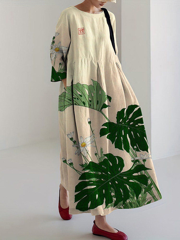 Retro Japanese Botanical Art Print Midi Dress