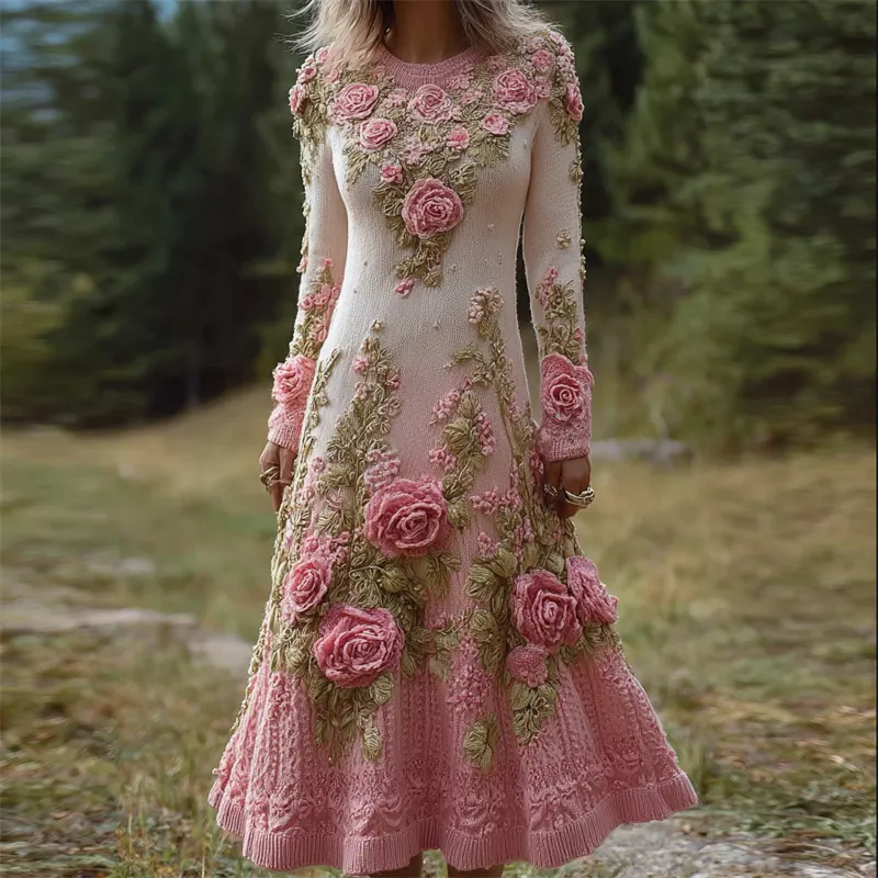 Vintage Pink Floral Gradient Cozy Knit Maxi Sweater Dress