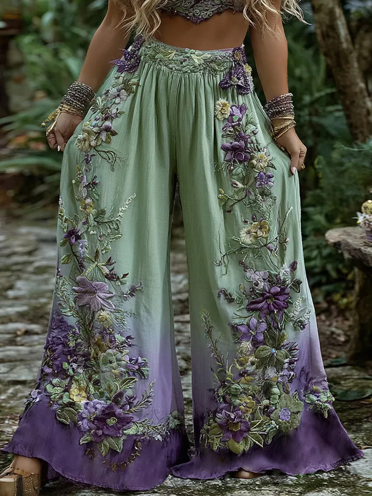 Floral Embroidered Art Print Straight Leg Blend Pants