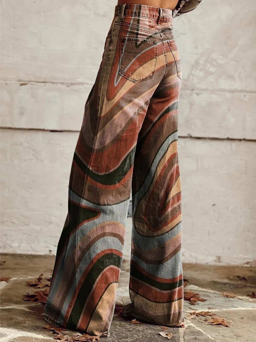 Brown Contours Print Casual Wide-Leg Pants