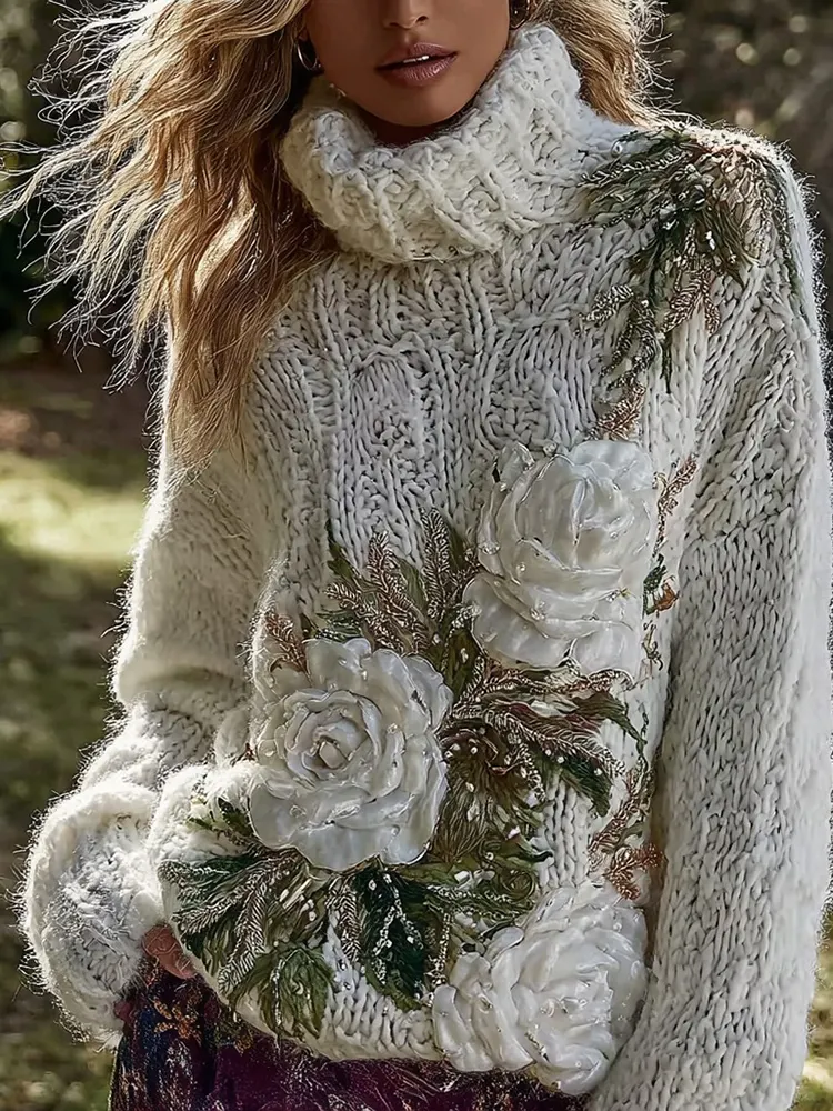 Women's Vintage White Rose Knitted Warm Turtleneck Sweater