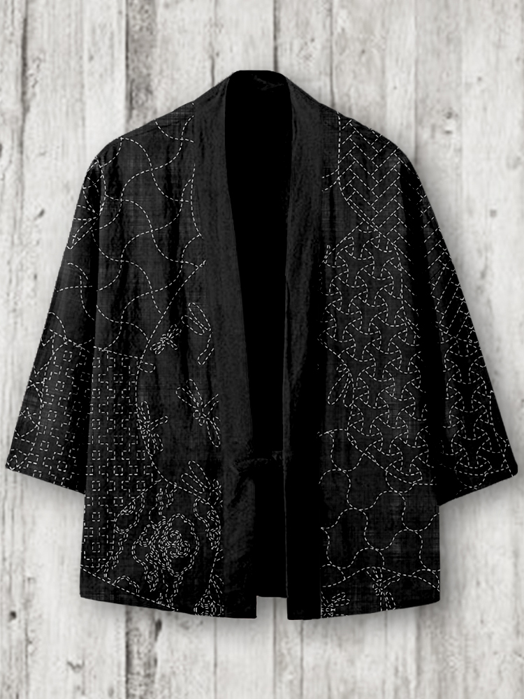 Vintage Japanese Sashiko Art Linen Blend Kimono Cardigan