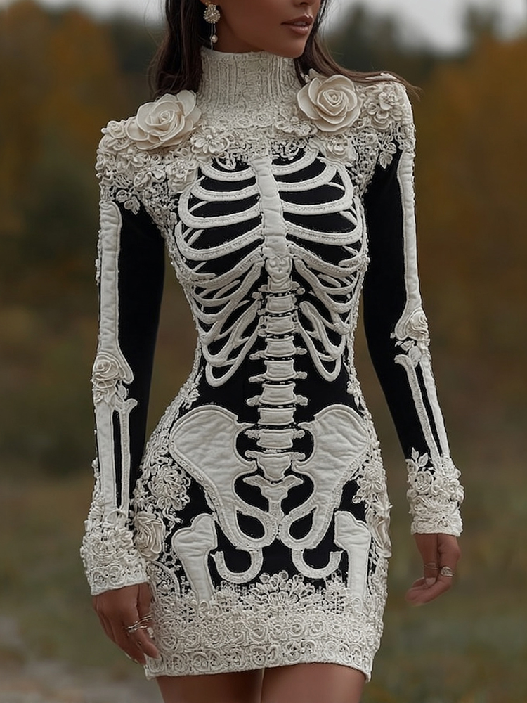 Women's Halloween Skeleton Bones With Rose Art Cozy Knit Turtleneck Mini Sweater Dress