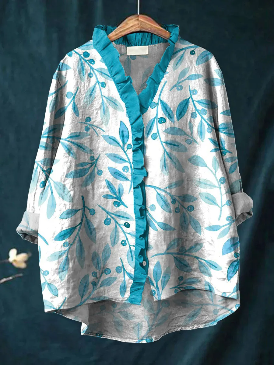 Vintage Floral Art Print Casual Cotton & Linen Ruffle Shirt