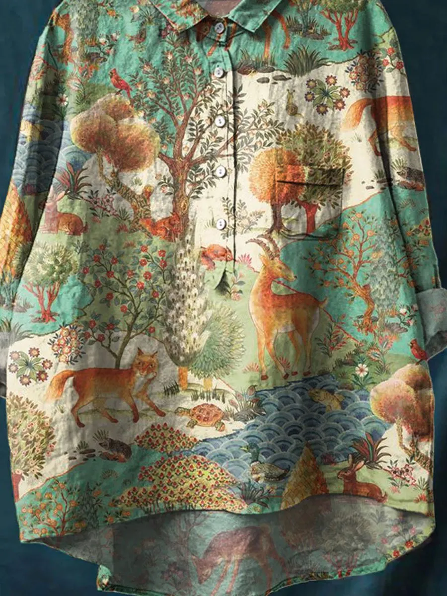 Vintage Ethnic Woodland Animals Art Print Casual Cotton & Linen Shirt