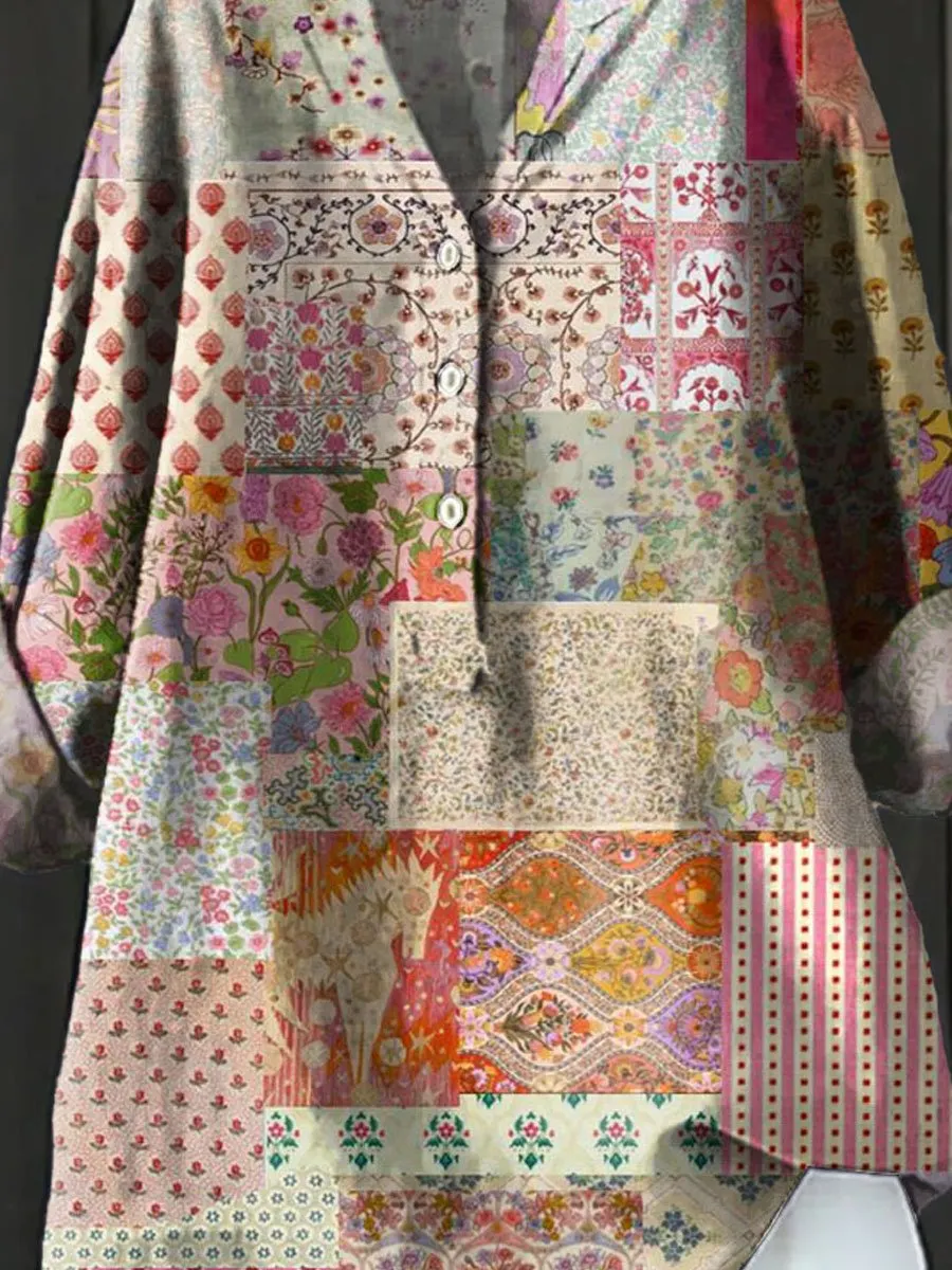Vintage Ethnic Floral Art Print Casual Cotton & Linen Shirt