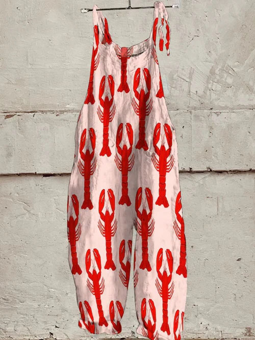 Red Lobster Decorative Pattern Casual Wide-Leg Jumpsuit