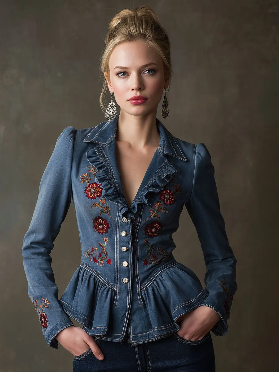 Fashionable Retro Floral Embroidered Ruffled Blue Denim Blazer