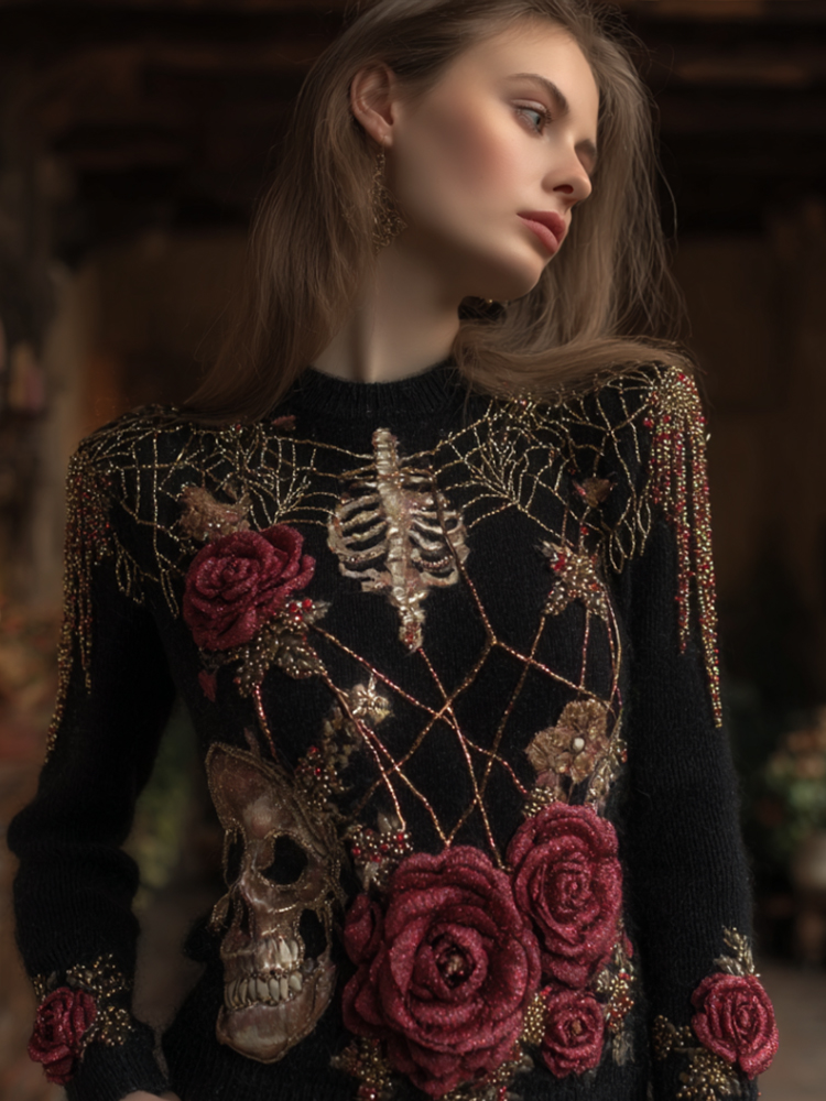 Women's Halloween Embroidered Spider Web Rose Round Neck Sweater