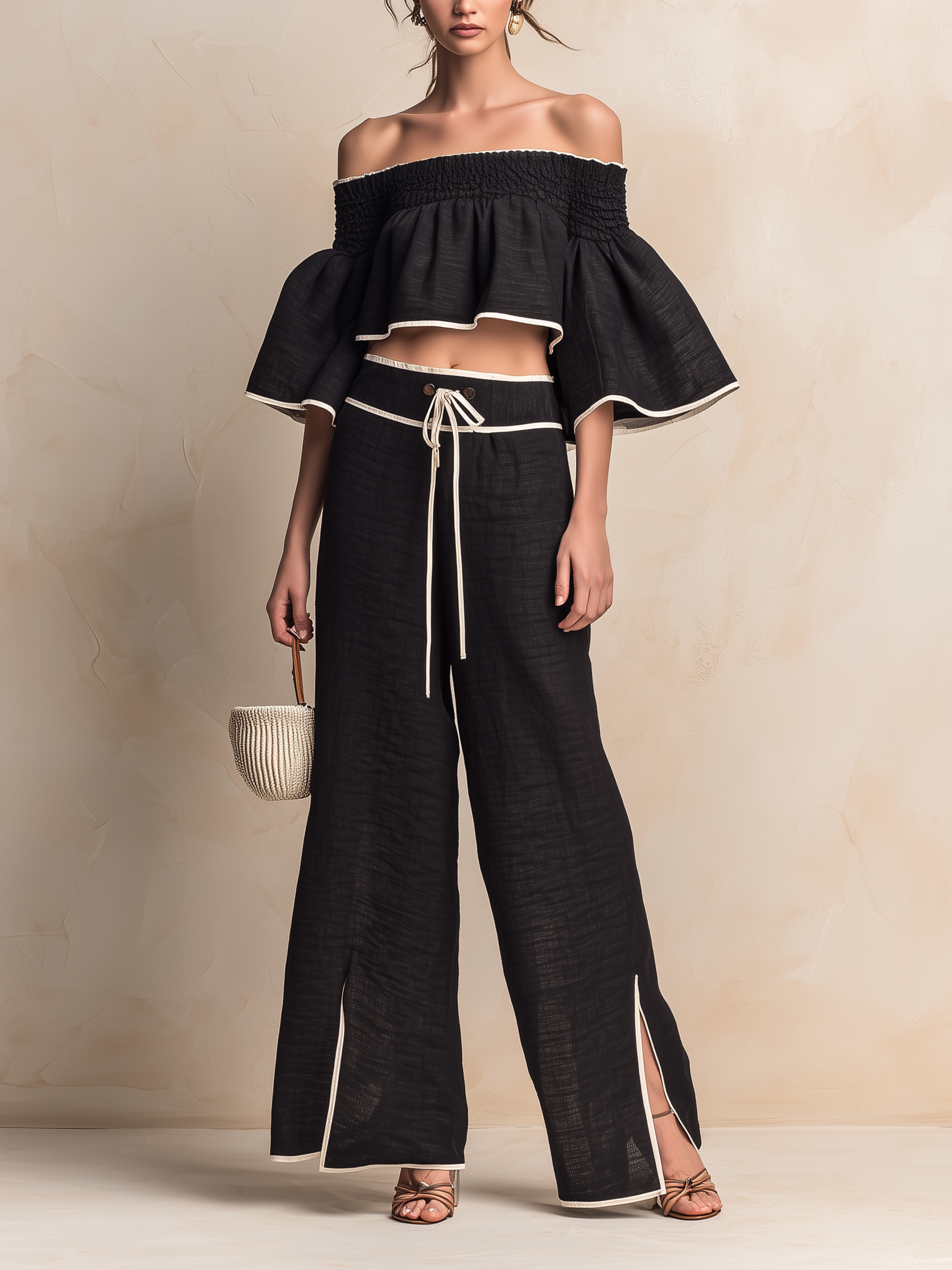 Black -Blend Off-Shoulder Two-Piece Set With Contrast Trim