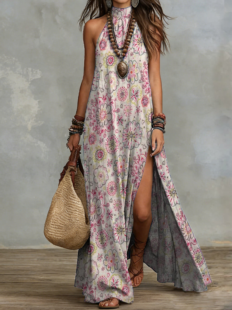 Floral Print Halter Side-Slit Maxi Dress