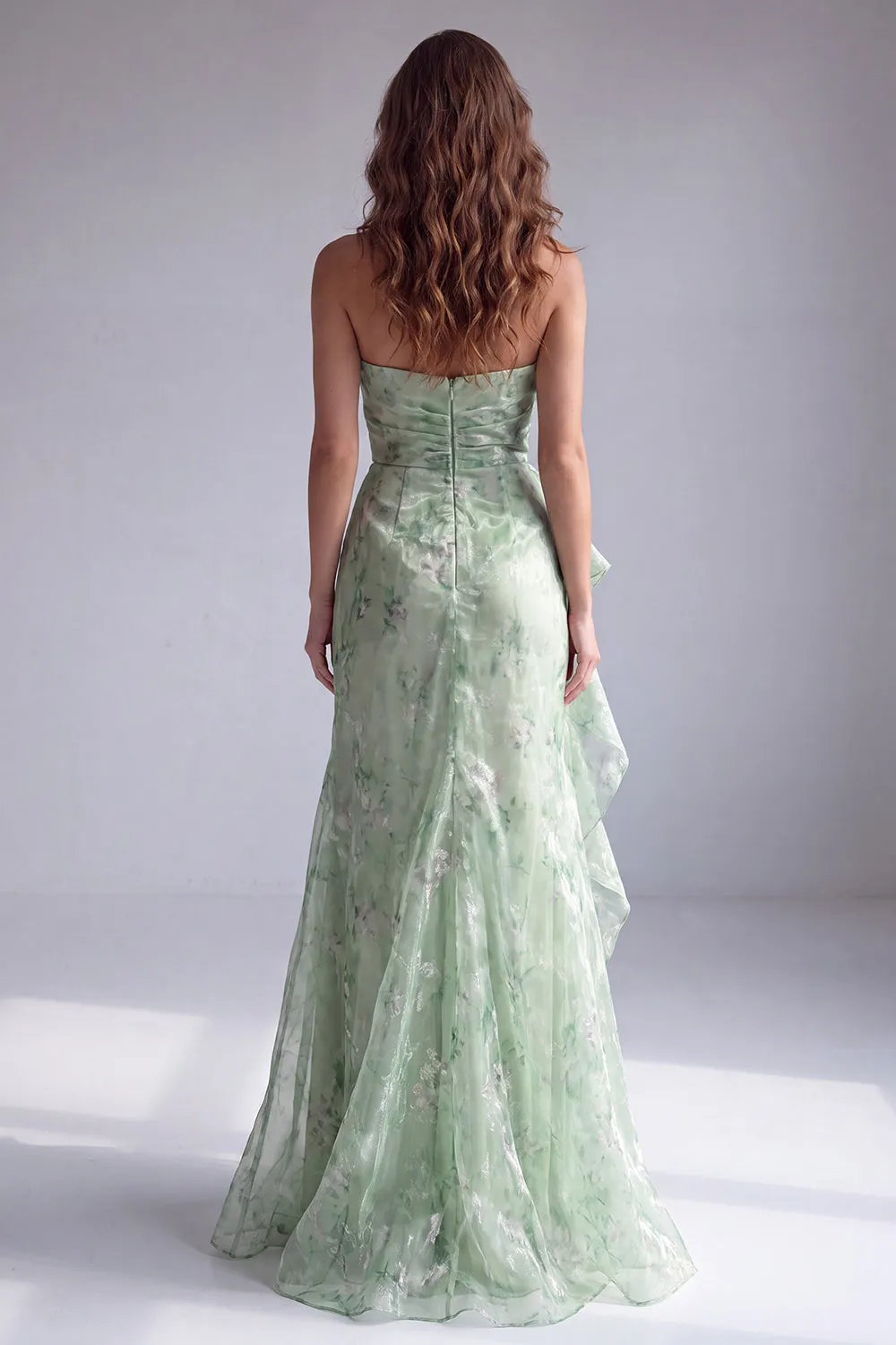 Light Green Strapless Floral Floor Length Gown
