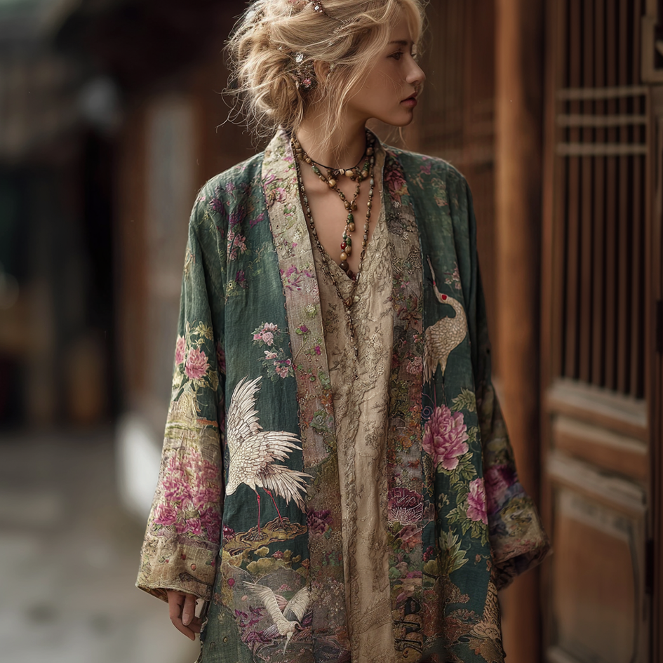 Japanese Art Retro Style Plant Flower & Crane Pattern Women's Cotton & Linen Cardigan