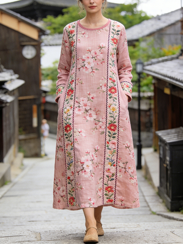 Apanese Sakura Patchwork Pattern Women's Linen Long Sleeve Maxi Dress