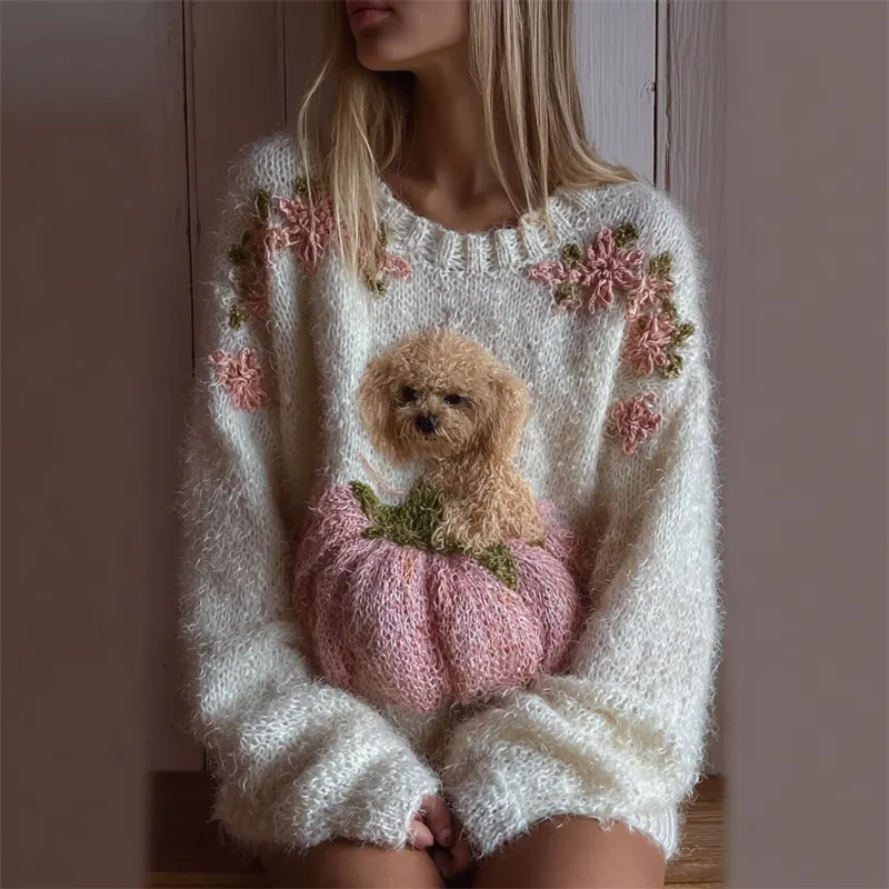 Fuzzy Dog & Pink Pumpkin Floral Cozy Knit Sweater