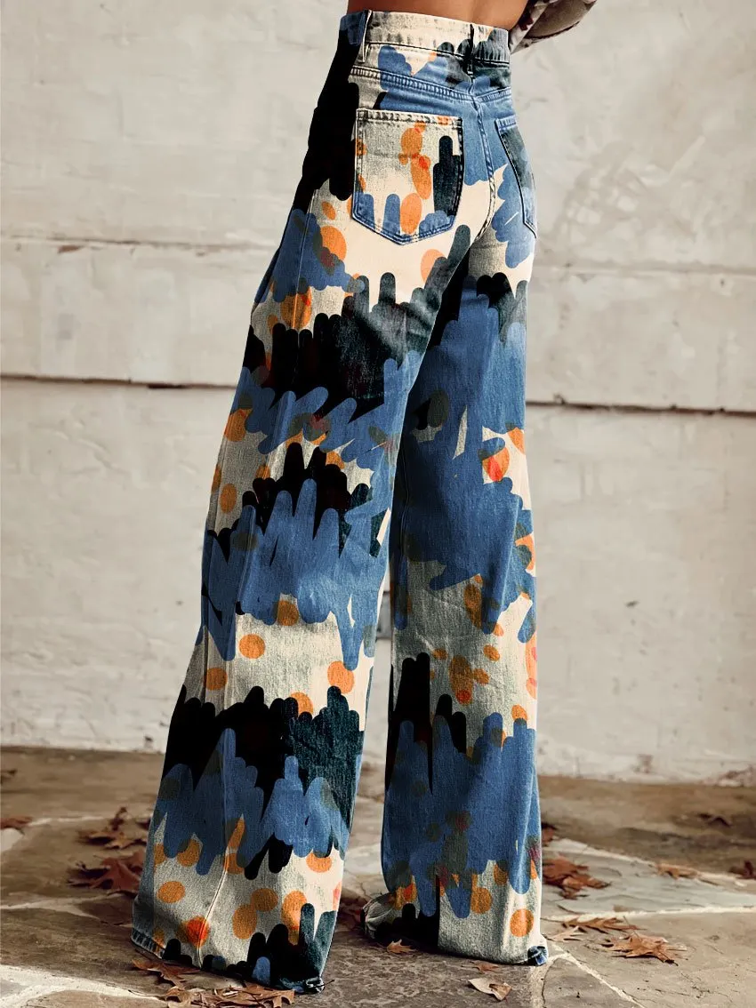 Vintage Print Casual Wide-Leg Pants