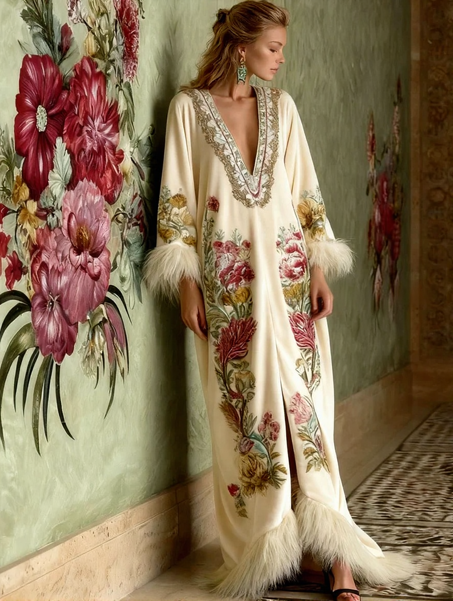 Artistic print V-neck loose-fitting fluffy long robe for autumn & winter