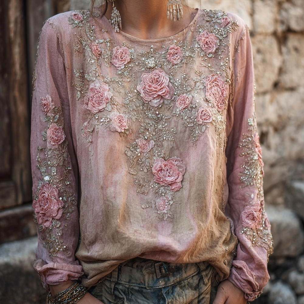 Vintage Boho Pink Roses Embroidered Comfy Linen Tunic