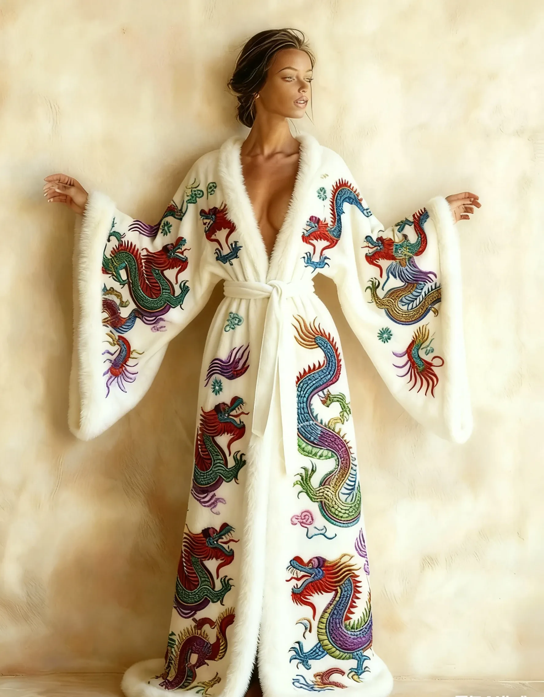 Abstract  Art Print Kimono Long Gown Autumn and Winter Robe With Belt