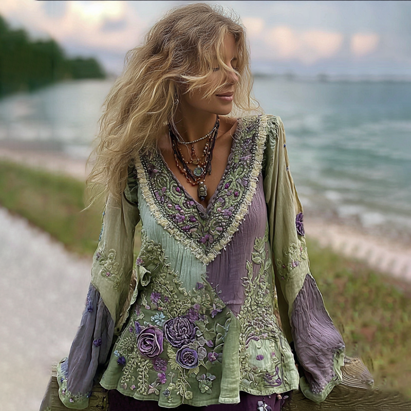 Vintage Purple Lavender And Floral Embroidered V Neck Long Sleeve Shirt
