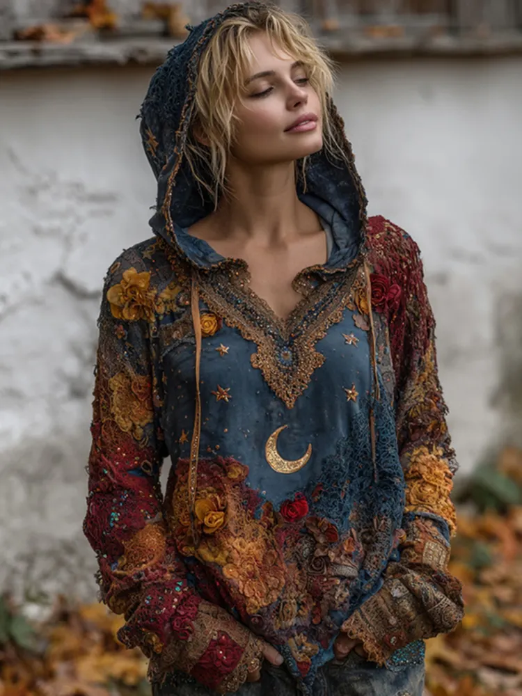 Autumn Long-sleeved Embroidered Contrasting Color Hoodie