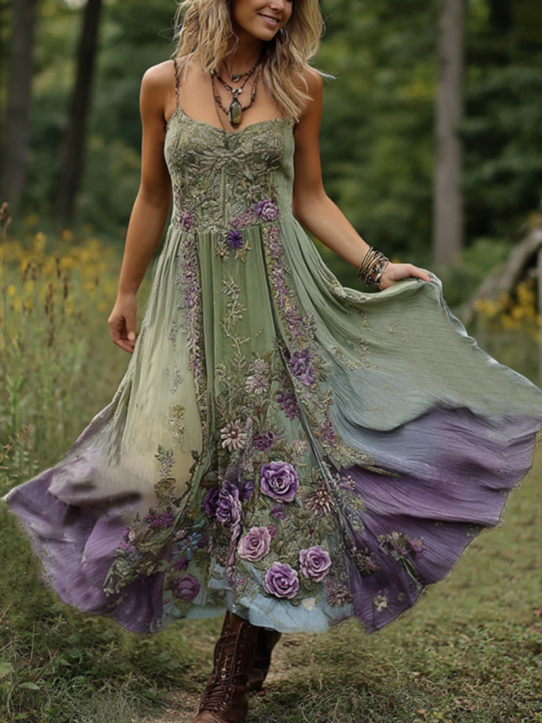 Vintage Classy Gradient Purple Lavender And Floral Embroidered Suspender Long Dress