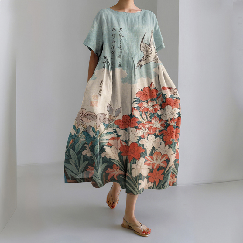 Vintage Japanese Floral & Bird Art Print Midi Dress
