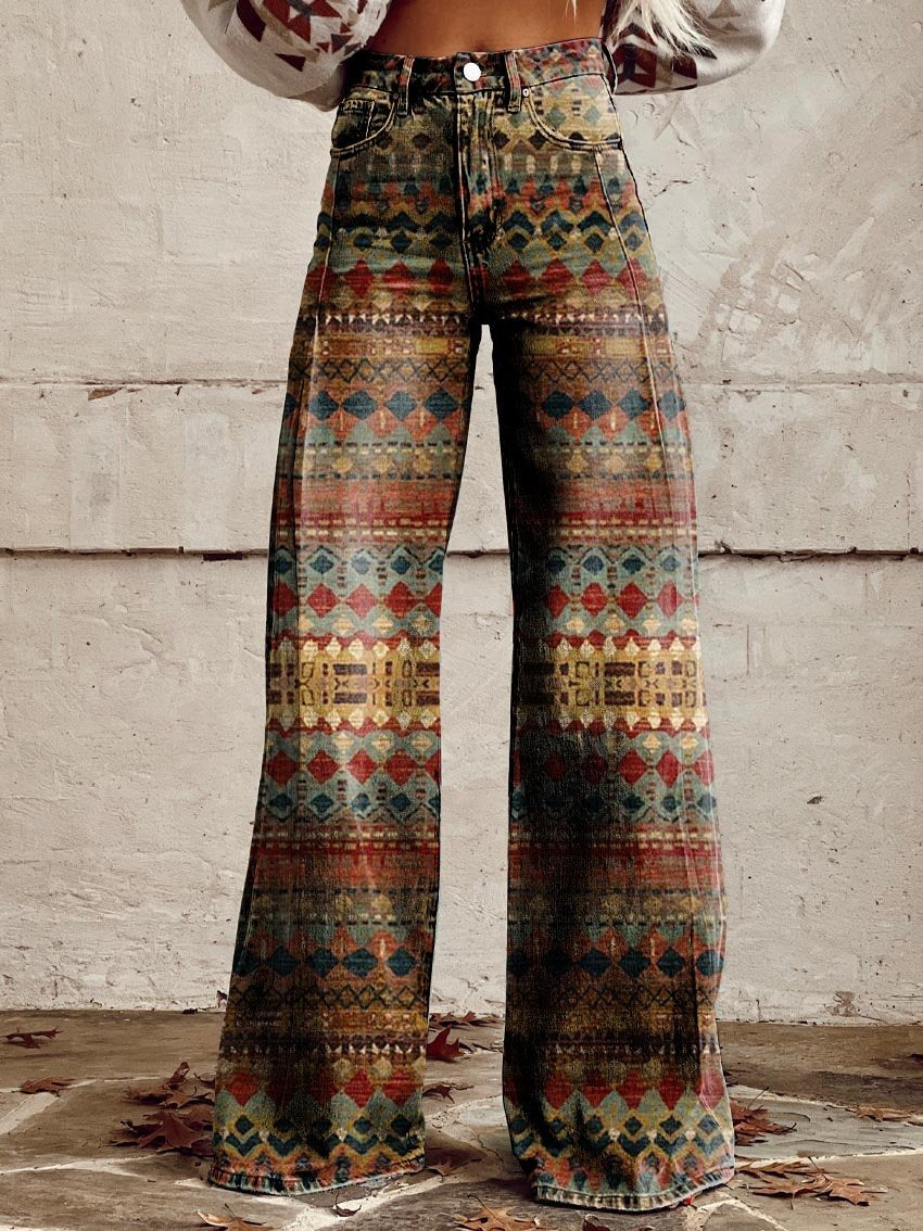 Color Geometric Texture Print Casual Wide-Leg Pants