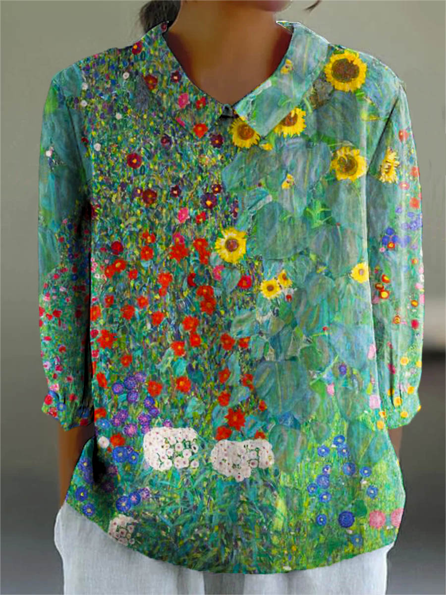 Lovely Sunflowers Art Print Casual Cotton & Linen 3/4 Sleeve Shirt