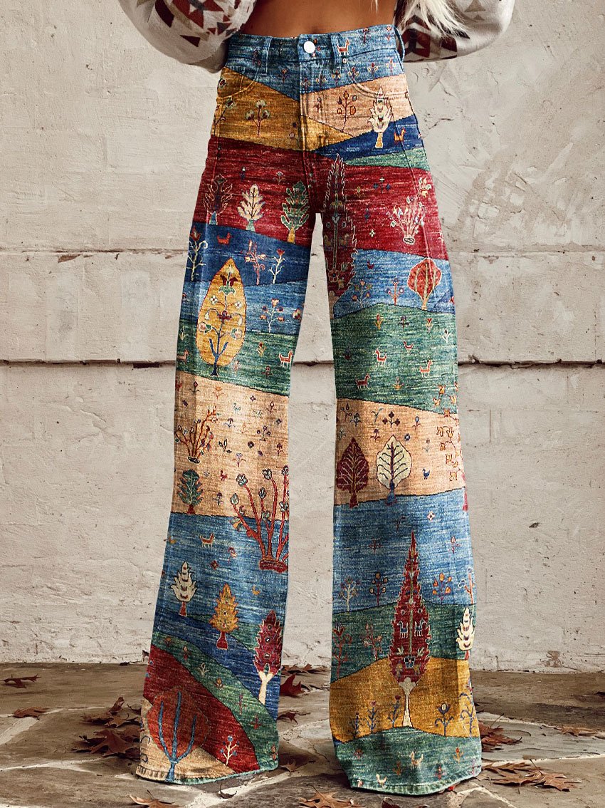 Vintage Print Casual Wide-Leg Pants