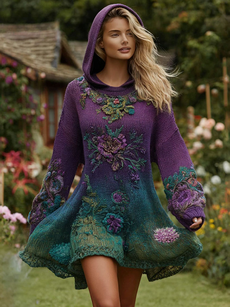 Women's Vintage Purple Floral Art Graphic Cozy Knit Hooded Dress