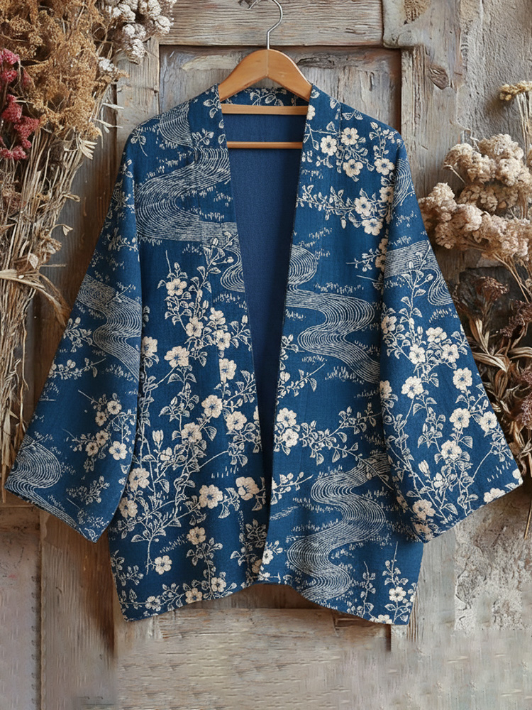 Retro Japanese Traditional Sashiko With Floral Art Print Cotton & Linen Blend Kimono Cardigan
