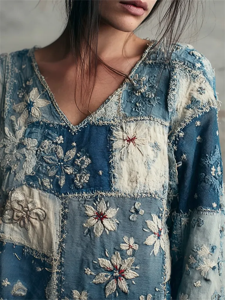 Floral Lace Japanese Sashiko Inspired Patchwork Linen Tunic